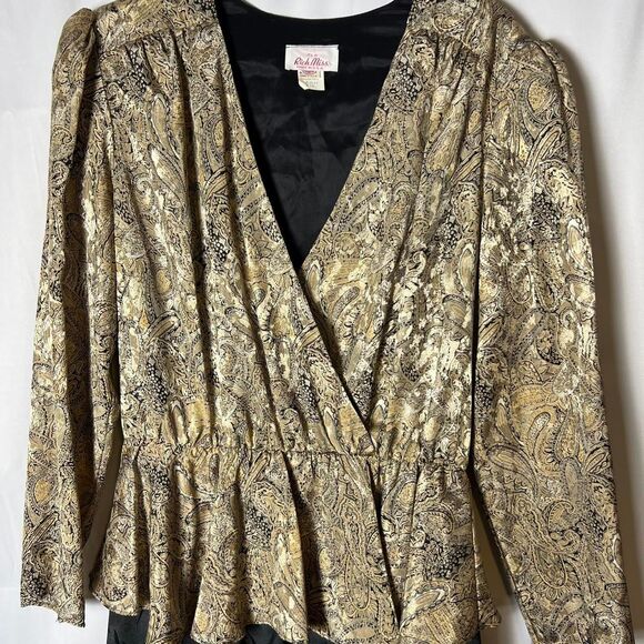 ilgwu Vintage it's a Rich Miss 80s Metallic Black Gold Peplum Dress Women's 16 - Picture 2 of 8